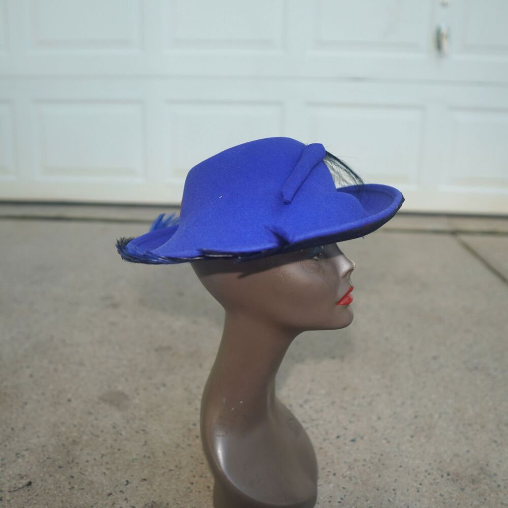 VTG Mr John Classic Cobalt Blue Wool Tilt Hat Black Velvet Feather WPL 5923 14”